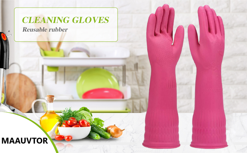 Dishwashing Cleaning Gloves Waterproof Reusable Long Elbow Hand Gloves Latex-Free Household Kitchen Gloves for Laundry, Working, Gardening, Sanitation and Lab Work (Flower Pink)