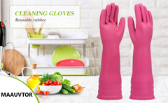 Dishwashing Cleaning Gloves Waterproof Reusable Long Elbow Hand Gloves Latex-Free Household Kitchen Gloves for Laundry, Working, Gardening, Sanitation and Lab Work (Flower Pink)