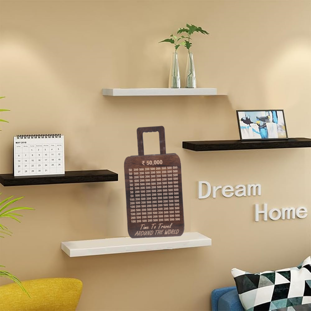 Wooden Modern Money/Piggy Bank Coin Box with Carved Design Money Collection Cash Box Cash Vault Savings Challenge Bank Donation Box Smart Gullak with Numbers & Marker -Travel