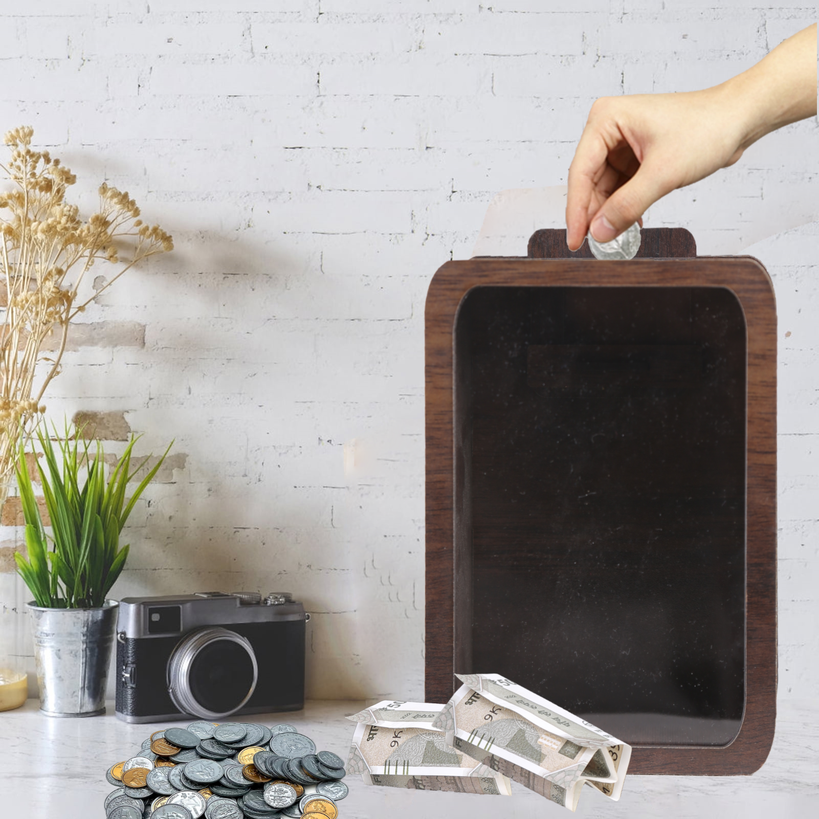 Wooden Modern Money/Piggy Bank Coin Box with Carved Design Money Collection Cash Box Cash Vault Savings Challenge Bank Donation Box Smart Gullak with Numbers & Marker -Travel
