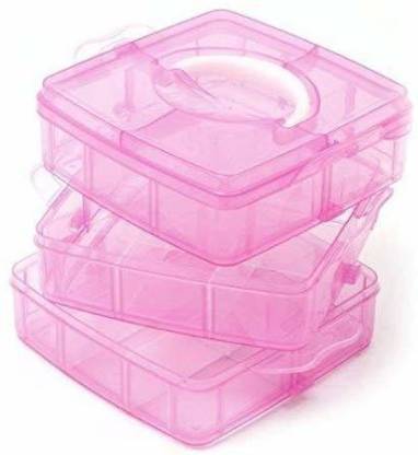 Plastic 3 Tier Stackable Adjustable 18 Compartment Slot Snap-Lock Bead Craft Jewellery Tool Organiser (Light Pink)