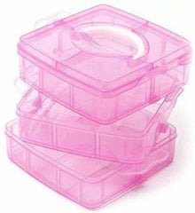 Plastic 3 Tier Stackable Adjustable 18 Compartment Slot Snap-Lock Bead Craft Jewellery Tool Organiser (Light Pink)