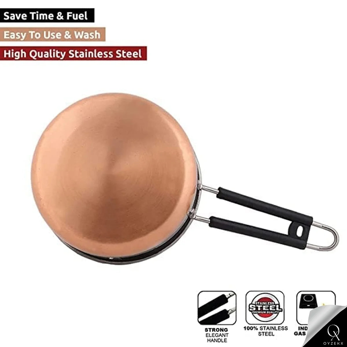 OyzekX Stainless Steel Saucepan Sauce Pan, Flat Base Sauce Pan, Tea Pan, Milk Pan, Tapeli Patila, Sauce Pot Cookware with Handle (2000 ml, 1500 ml, 1000 ml, 3 Pc) (Coppor)