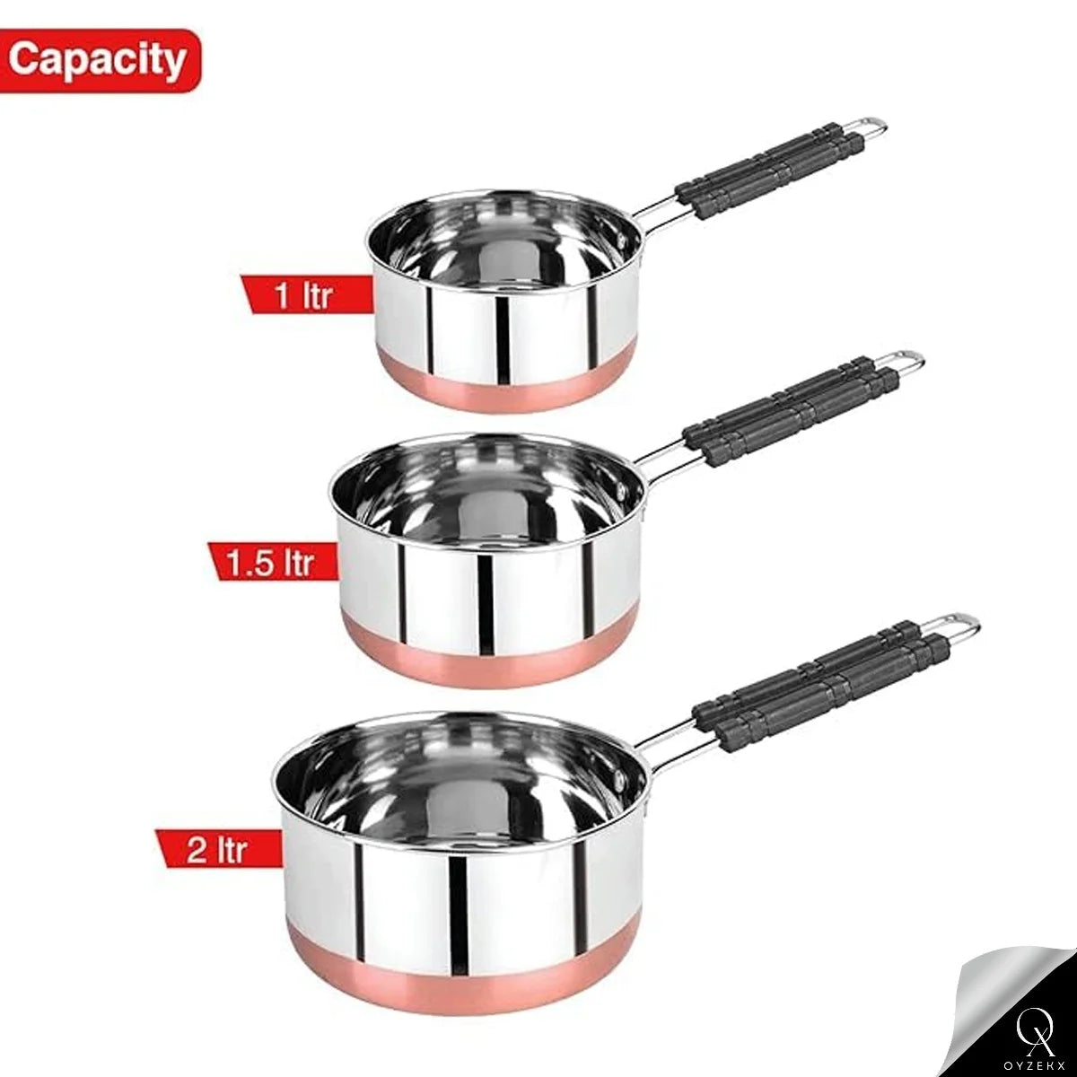 OyzekX Stainless Steel Saucepan Sauce Pan, Flat Base Sauce Pan, Tea Pan, Milk Pan, Tapeli Patila, Sauce Pot Cookware with Handle (2000 ml, 1500 ml, 1000 ml, 3 Pc) (Coppor)