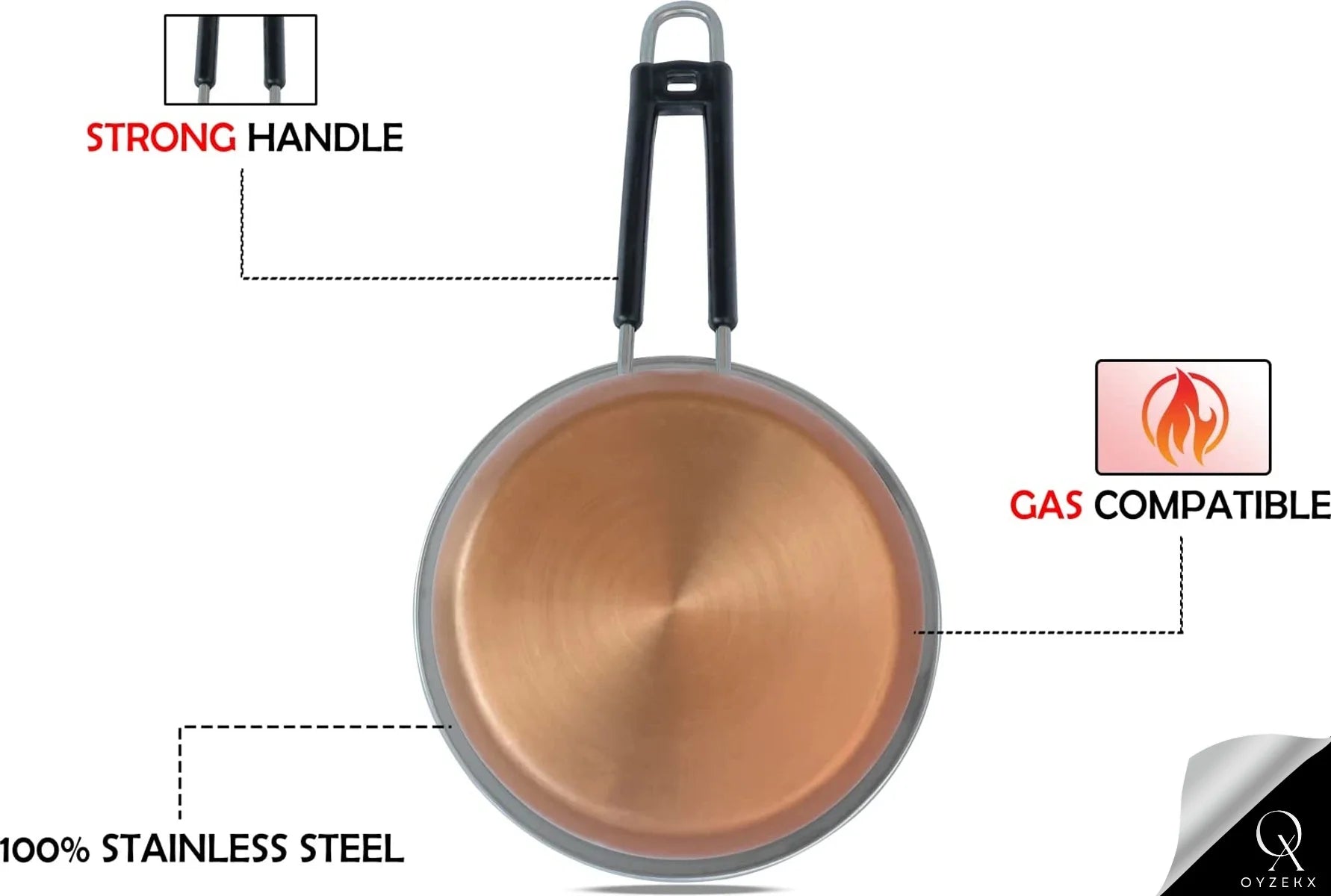 OyzekX Stainless Steel Saucepan Sauce Pan, Flat Base Sauce Pan, Tea Pan, Milk Pan, Tapeli Patila, Sauce Pot Cookware with Handle (2000 ml, 1500 ml, 1000 ml, 3 Pc) (Coppor)