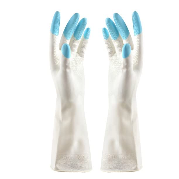 Reusable Heavy Duty Hand gloves for Dishwashing, gardening, kitchen cleaning Non-Slippery & Durable Long Elbow Length(Inner cotton lining for comfort) (Blue White Rubber Glove)