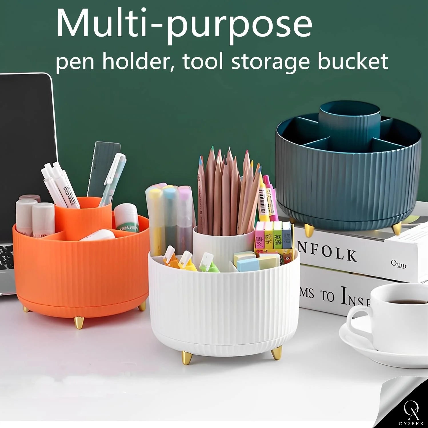 OyzekX 360 Degree Rotating Pen Pencil Holder for Desk, 5 Slots Desk Organizers and Accessories, Cute Cup Pot for Office, School, Art Supply