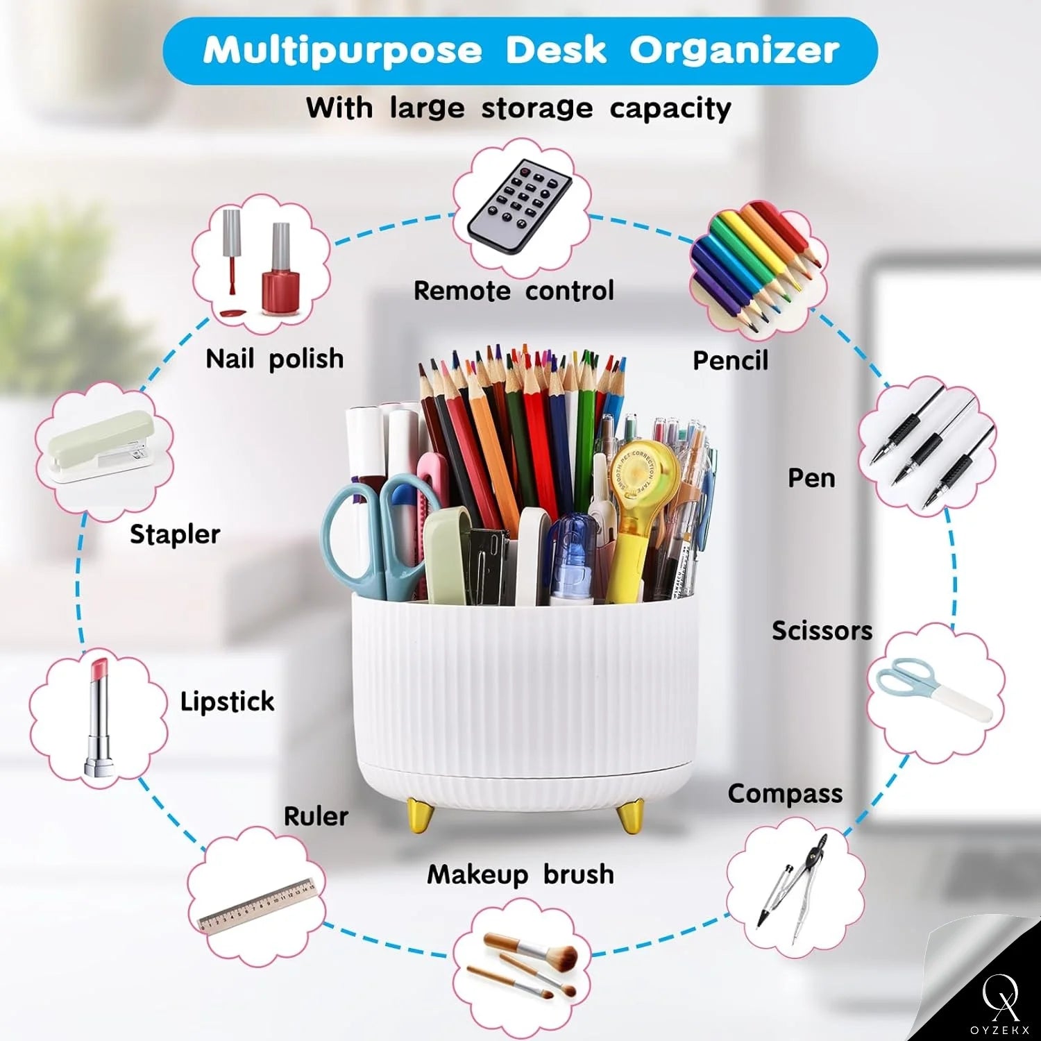 OyzekX 360 Degree Rotating Pen Pencil Holder for Desk, 5 Slots Desk Organizers and Accessories, Cute Cup Pot for Office, School, Art Supply