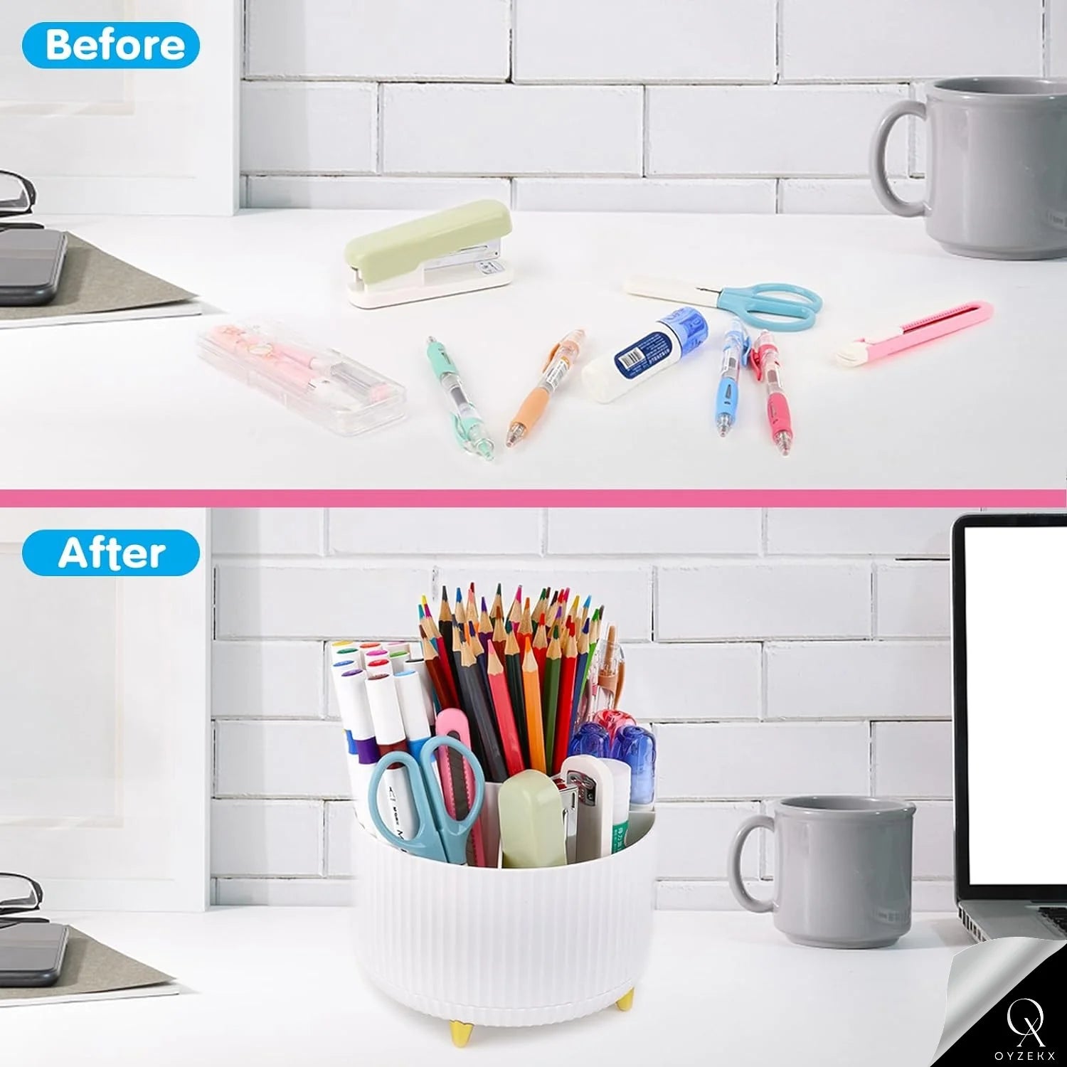 OyzekX 360 Degree Rotating Pen Pencil Holder for Desk, 5 Slots Desk Organizers and Accessories, Cute Cup Pot for Office, School, Art Supply