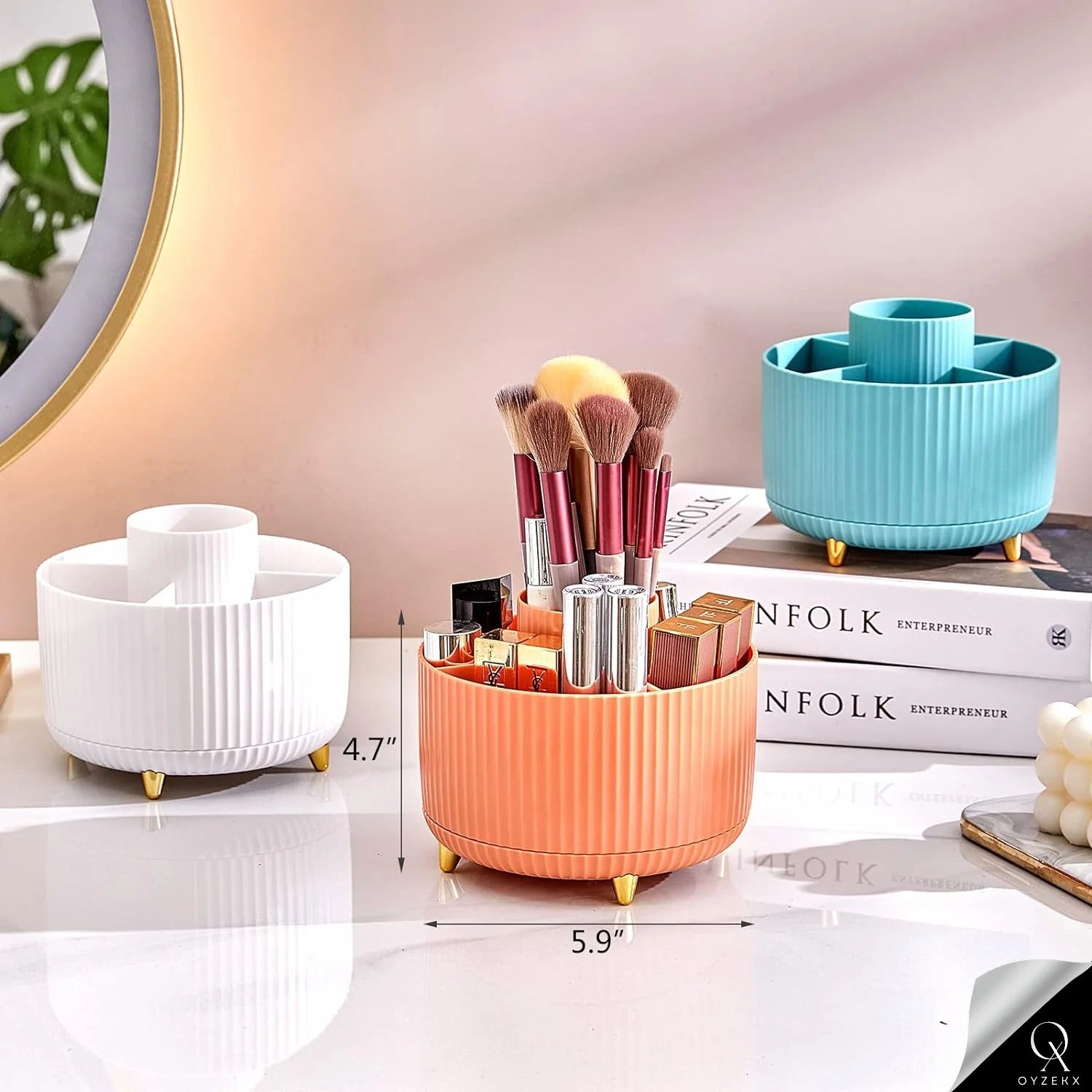 OyzekX 360 Degree Rotating Pen Pencil Holder for Desk, 5 Slots Desk Organizers and Accessories, Cute Cup Pot for Office, School, Art Supply