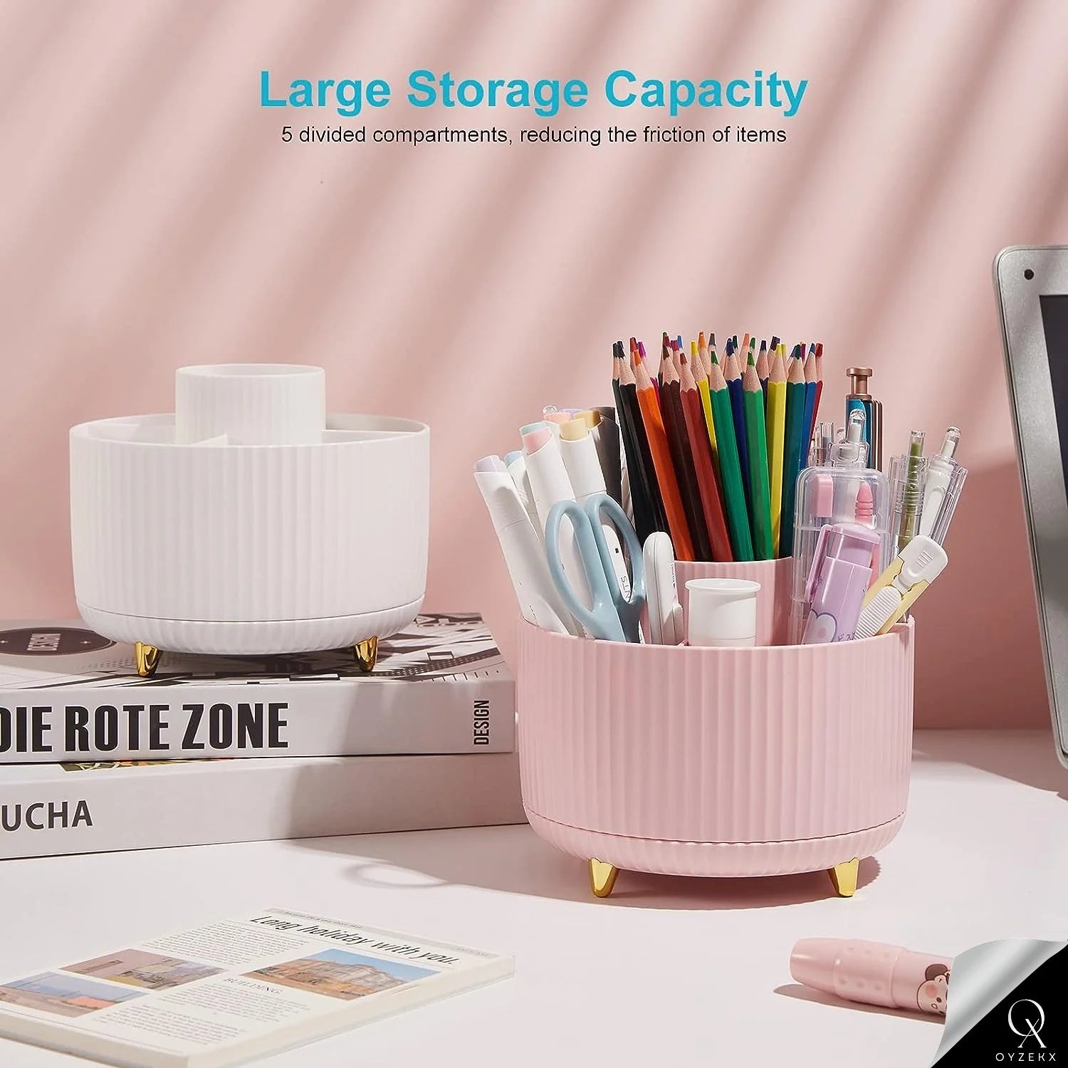OyzekX 360 Degree Rotating Pen Pencil Holder for Desk, 5 Slots Desk Organizers and Accessories, Cute Cup Pot for Office, School, Art Supply