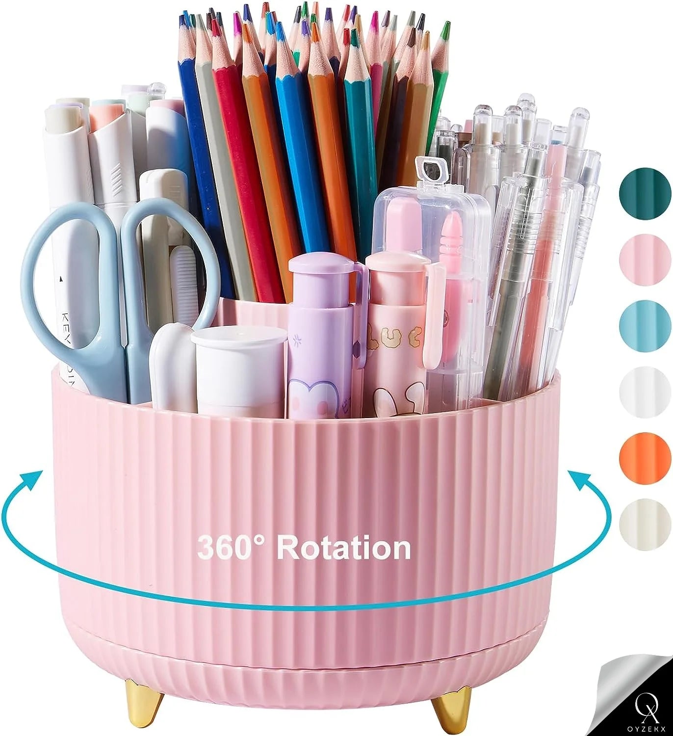 OyzekX 360 Degree Rotating Pen Pencil Holder for Desk, 5 Slots Desk Organizers and Accessories, Cute Cup Pot for Office, School, Art Supply