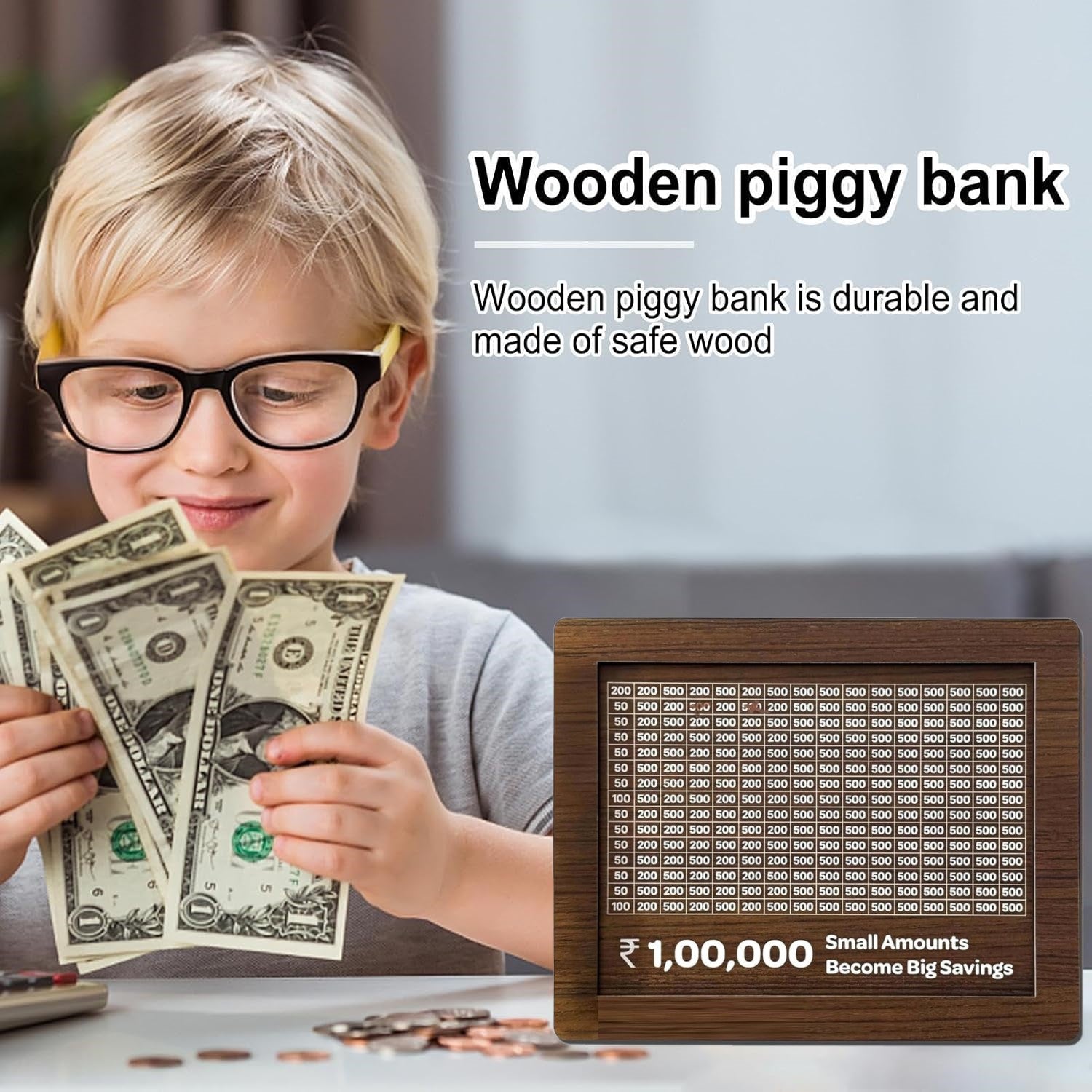 Money Bank Wooden Piggy Bank for Kids & Adults, Coin Box with Carved Design, Savings Box, Mini Bank, Wooden Coin Box, Money Saver, Piggy Bank with Numbers