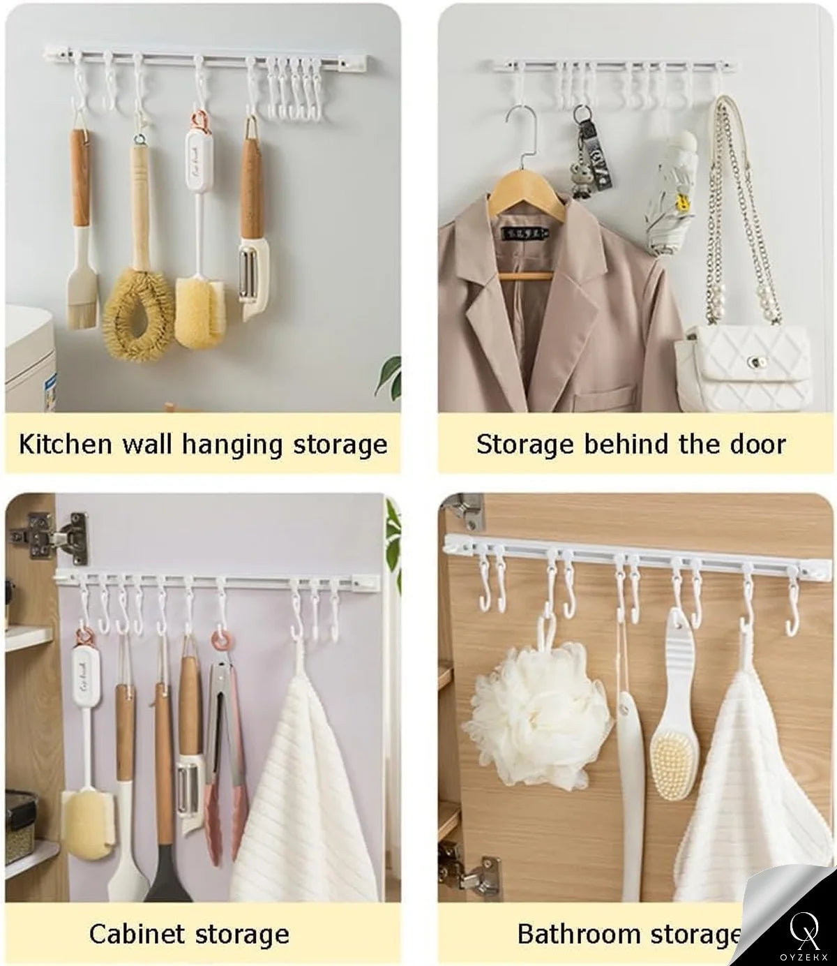 OyzekX Multifunctional Slide Rail Hook, Adhesive Wall Hooks Rack Kitchen Rail, Space Saving Utensil Rack with 10 Hooks No Drilling Hanger for Bathroom Kitchen Bedroom Office