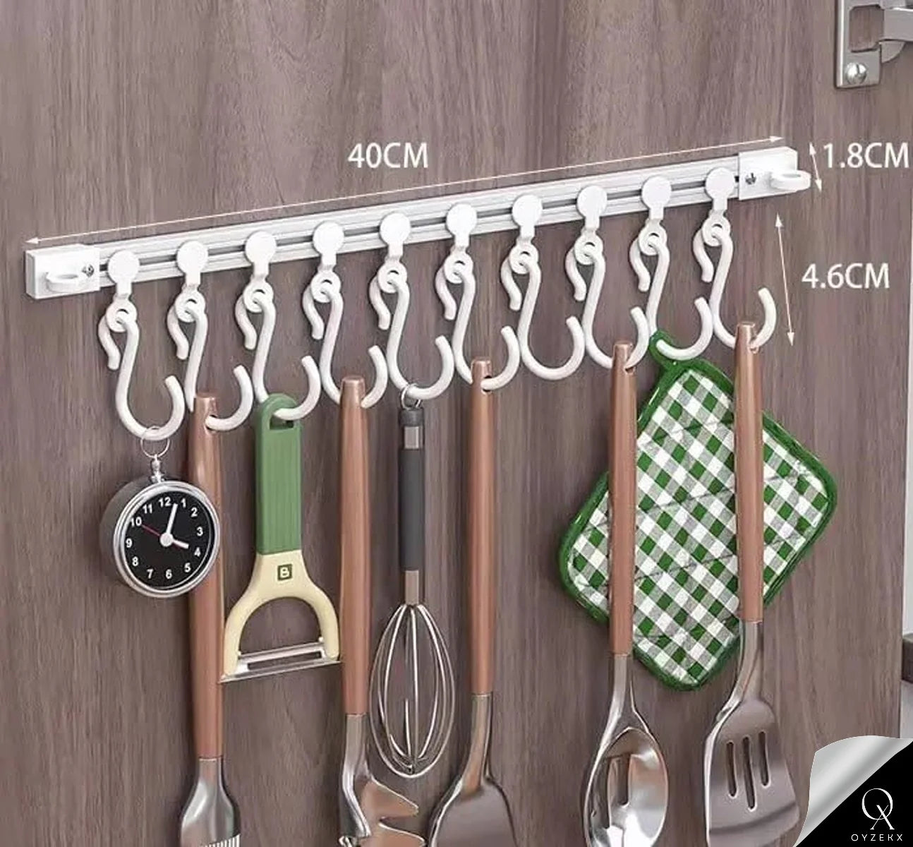 OyzekX Multifunctional Slide Rail Hook, Adhesive Wall Hooks Rack Kitchen Rail, Space Saving Utensil Rack with 10 Hooks No Drilling Hanger for Bathroom Kitchen Bedroom Office
