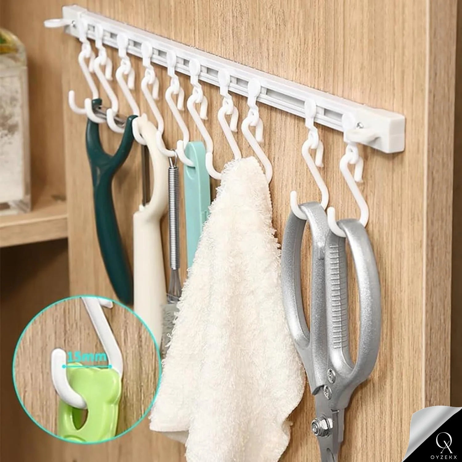 OyzekX Multifunctional Slide Rail Hook, Adhesive Wall Hooks Rack Kitchen Rail, Space Saving Utensil Rack with 10 Hooks No Drilling Hanger for Bathroom Kitchen Bedroom Office