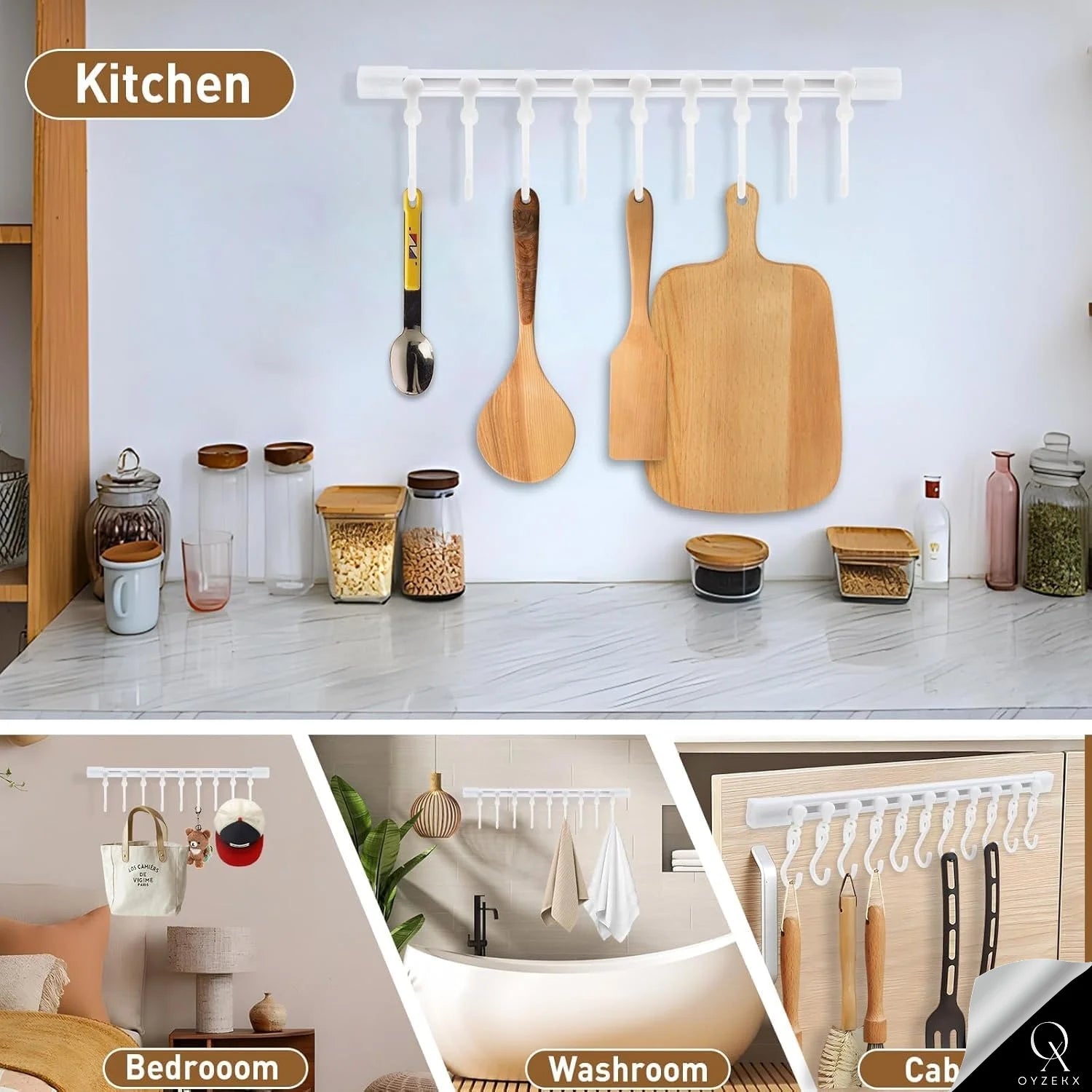 OyzekX Multifunctional Slide Rail Hook, Adhesive Wall Hooks Rack Kitchen Rail, Space Saving Utensil Rack with 10 Hooks No Drilling Hanger for Bathroom Kitchen Bedroom Office