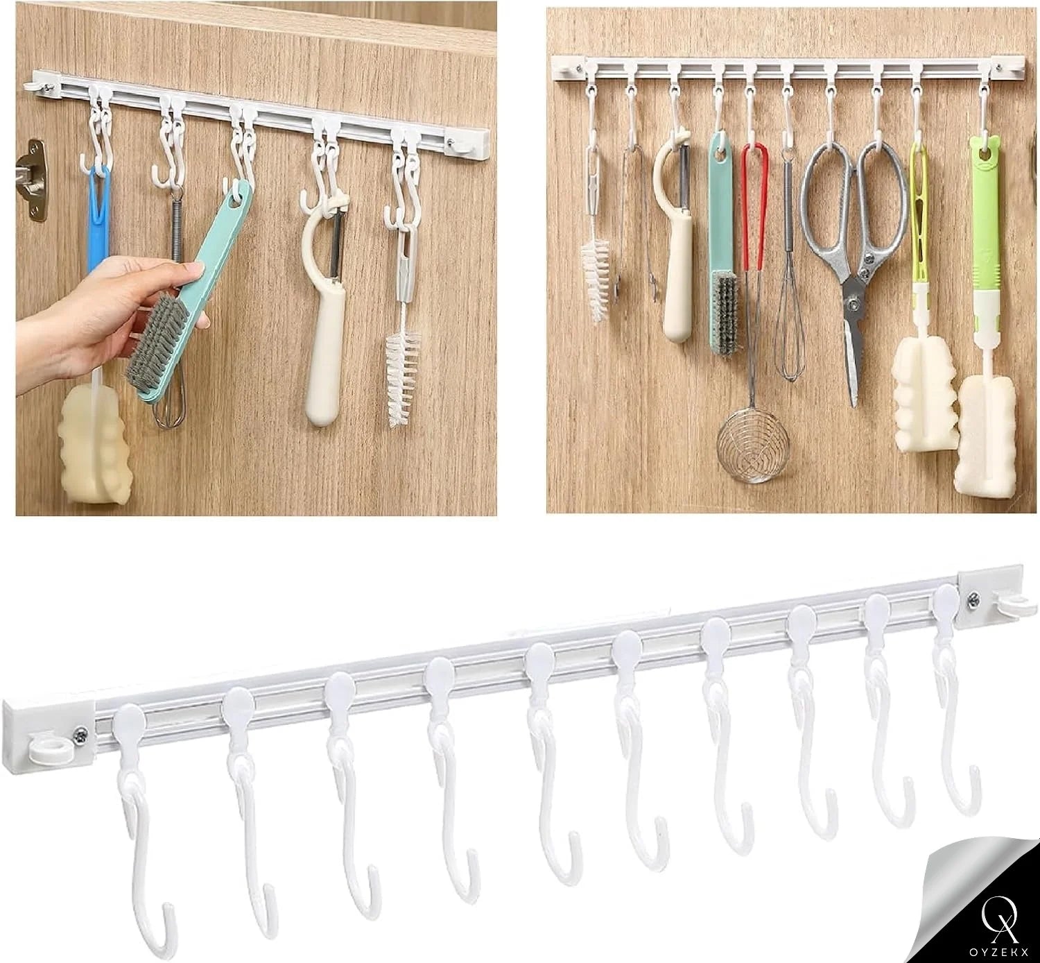 OyzekX Multifunctional Slide Rail Hook, Adhesive Wall Hooks Rack Kitchen Rail, Space Saving Utensil Rack with 10 Hooks No Drilling Hanger for Bathroom Kitchen Bedroom Office