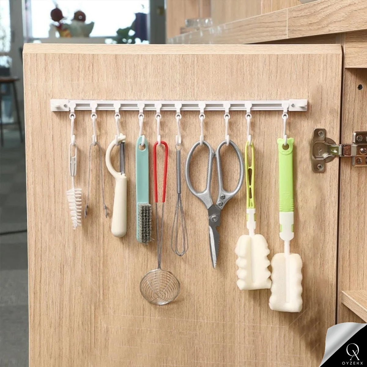 OyzekX Multifunctional Slide Rail Hook, Adhesive Wall Hooks Rack Kitchen Rail, Space Saving Utensil Rack with 10 Hooks No Drilling Hanger for Bathroom Kitchen Bedroom Office