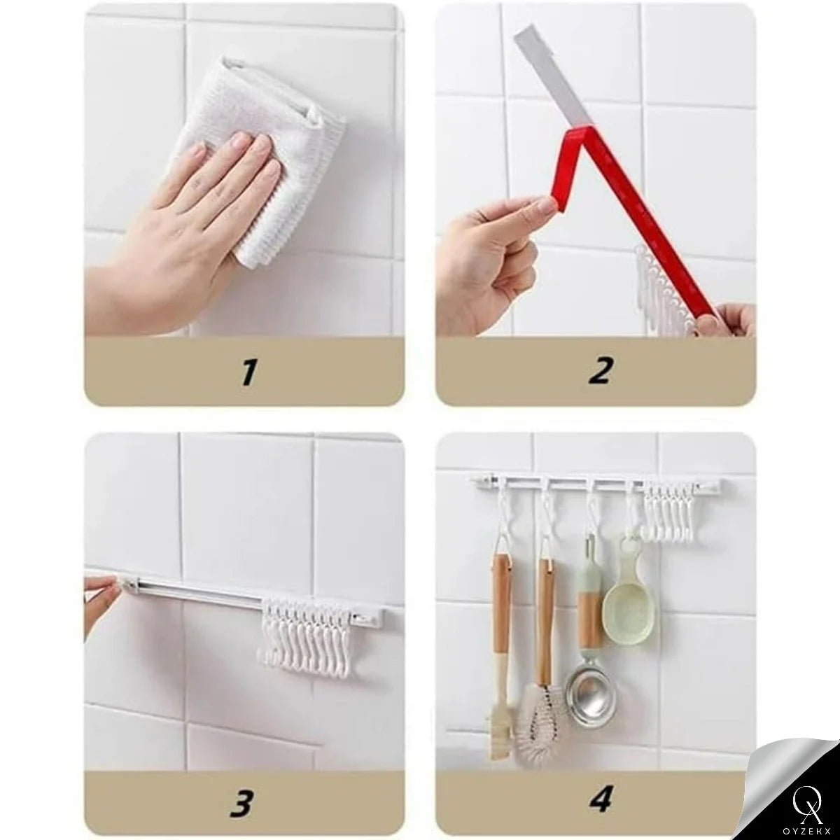 OyzekX Multifunctional Slide Rail Hook, Adhesive Wall Hooks Rack Kitchen Rail, Space Saving Utensil Rack with 10 Hooks No Drilling Hanger for Bathroom Kitchen Bedroom Office