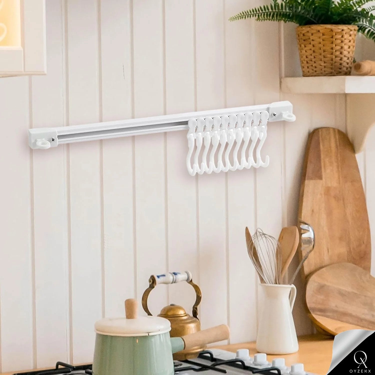 OyzekX Multifunctional Slide Rail Hook, Adhesive Wall Hooks Rack Kitchen Rail, Space Saving Utensil Rack with 10 Hooks No Drilling Hanger for Bathroom Kitchen Bedroom Office