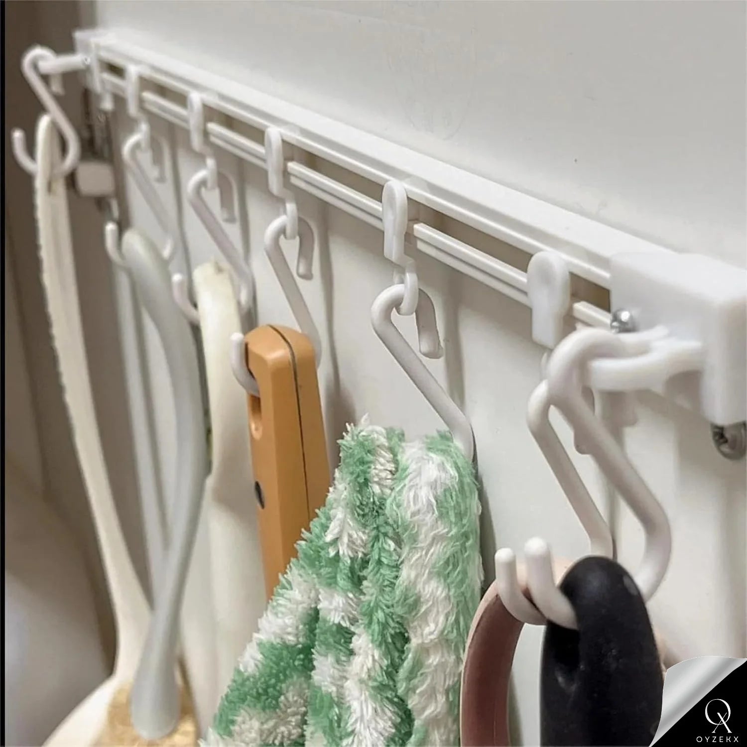 OyzekX Multifunctional Slide Rail Hook, Adhesive Wall Hooks Rack Kitchen Rail, Space Saving Utensil Rack with 10 Hooks No Drilling Hanger for Bathroom Kitchen Bedroom Office