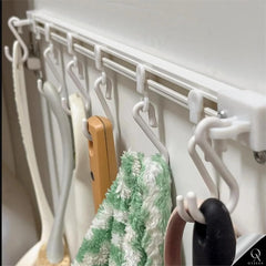 OyzekX Multifunctional Slide Rail Hook, Adhesive Wall Hooks Rack Kitchen Rail, Space Saving Utensil Rack with 10 Hooks No Drilling Hanger for Bathroom Kitchen Bedroom Office