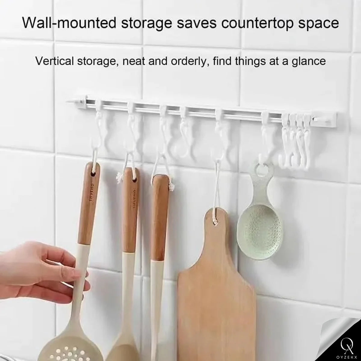 OyzekX Multifunctional Slide Rail Hook, Adhesive Wall Hooks Rack Kitchen Rail, Space Saving Utensil Rack with 10 Hooks No Drilling Hanger for Bathroom Kitchen Bedroom Office