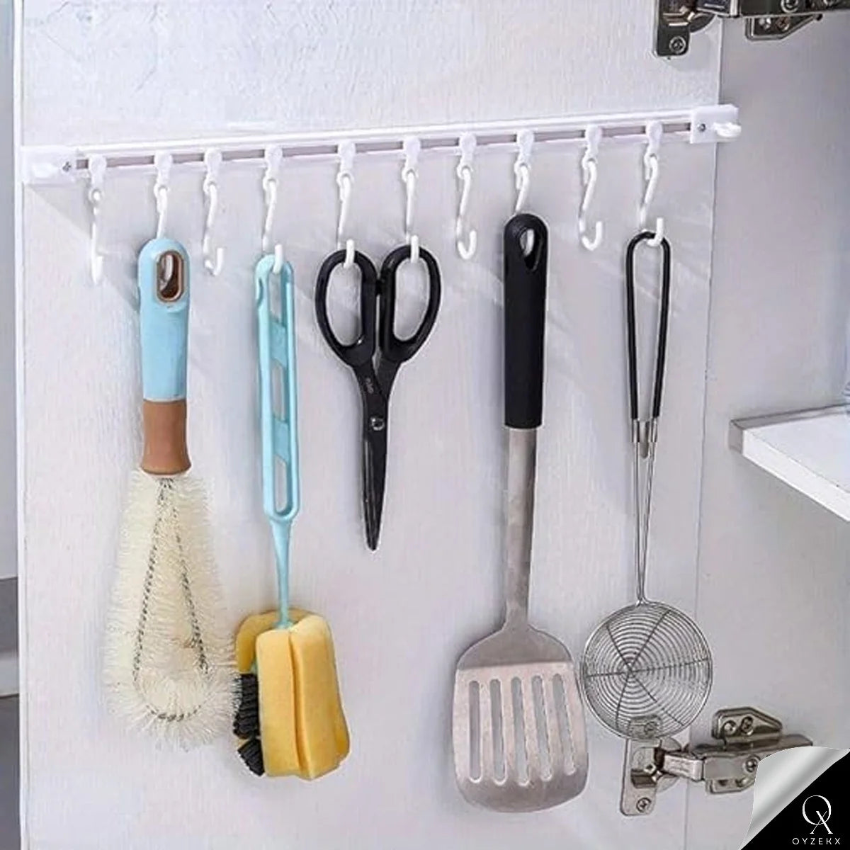 OyzekX Multifunctional Slide Rail Hook, Adhesive Wall Hooks Rack Kitchen Rail, Space Saving Utensil Rack with 10 Hooks No Drilling Hanger for Bathroom Kitchen Bedroom Office