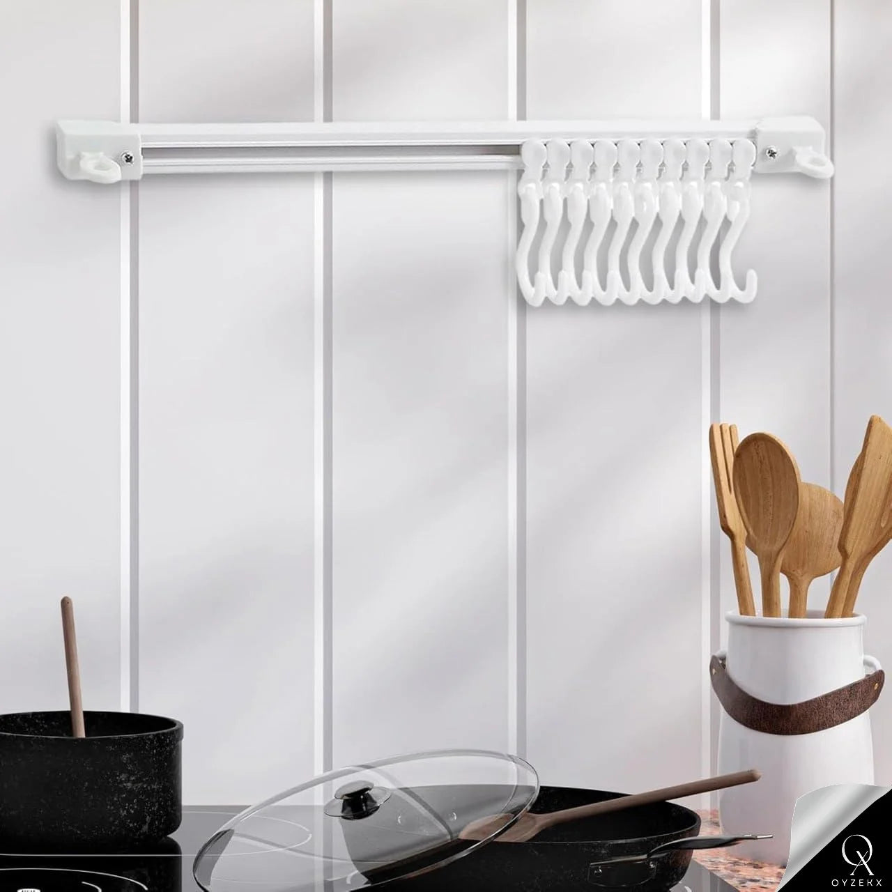 OyzekX Multifunctional Slide Rail Hook, Adhesive Wall Hooks Rack Kitchen Rail, Space Saving Utensil Rack with 10 Hooks No Drilling Hanger for Bathroom Kitchen Bedroom Office