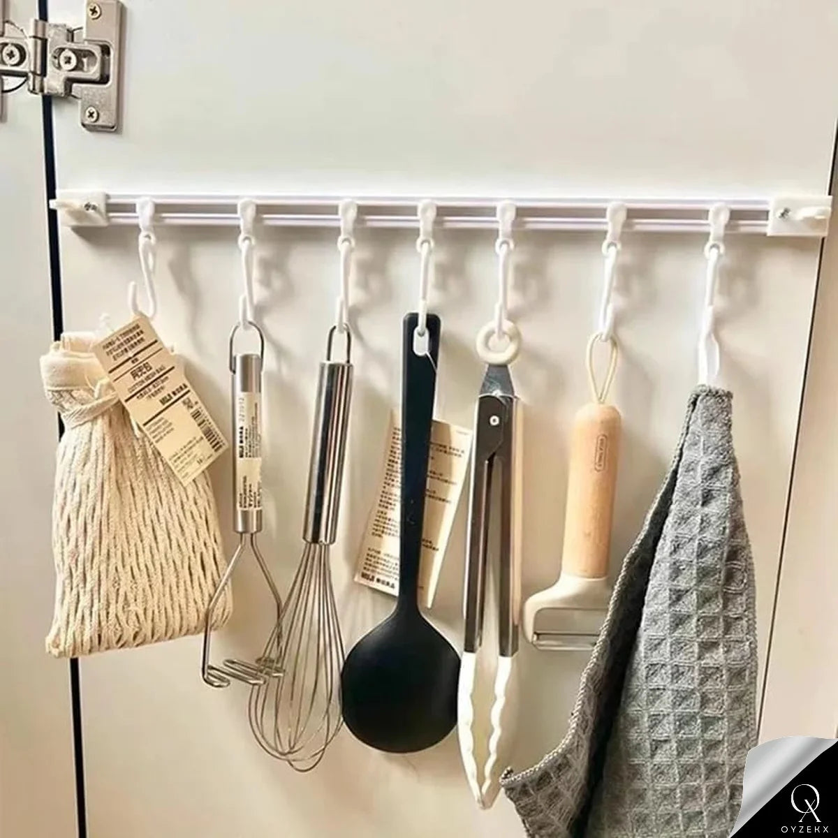 OyzekX Multifunctional Slide Rail Hook, Adhesive Wall Hooks Rack Kitchen Rail, Space Saving Utensil Rack with 10 Hooks No Drilling Hanger for Bathroom Kitchen Bedroom Office