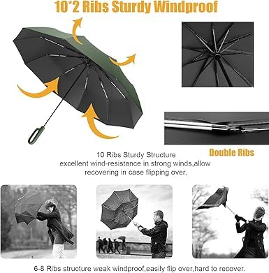 Umbrella for Men Women || Folding With Carabiner Handle || 10 Reinforced Ribles || Windproof and Sunproof || Auto Umbrella Big Size for Men/Women/Kids (Green)