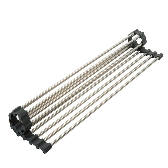 Foldable Roll Up 10 Pipe Dish Drying Rack Over The Sink Multipurpose Kitchen Counter Rolling up Stainless Steel Drainer for Cups, Utensils, Fruits, Vegetables