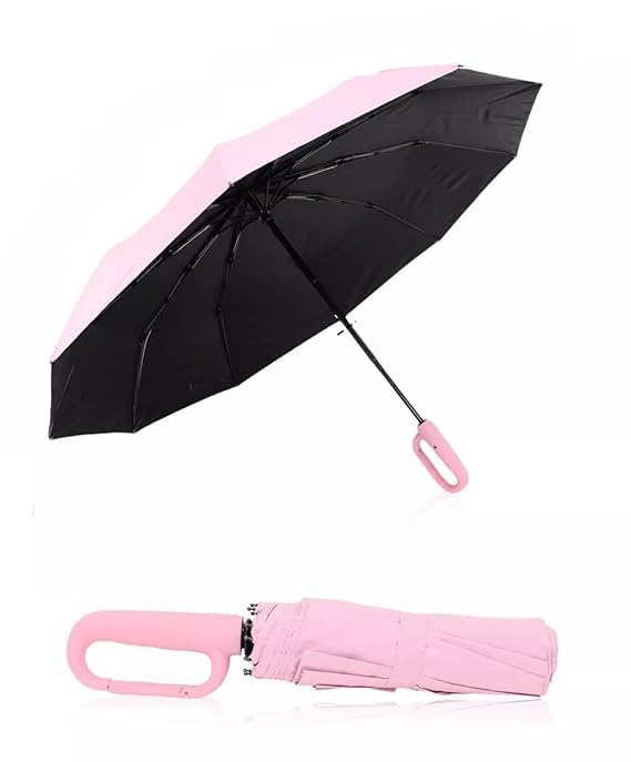 Umbrella for Men Women || Folding Umbrella With Carabiner Handle || 10 Reinforced Ribles || Windproof and Sunproof || Auto Umbrella Big Size for Men/Women/Kids (Pink)