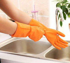 Reusable Rubber Latex PVC Flock lined Long Sleeves elbow length Hand Gloves for Kitchen Dish-Washing, Cleaning, Gardening, Laundry and Sanitation and Lab Work (orange)