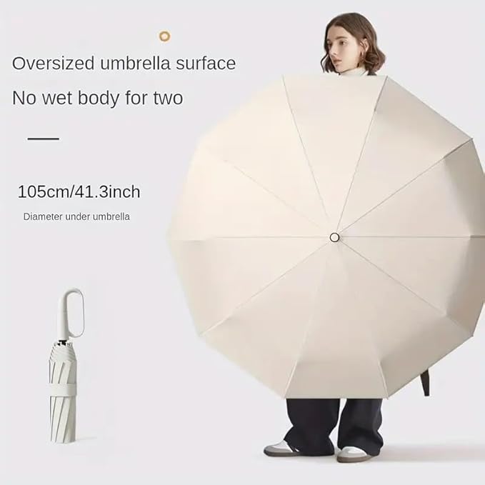 Umbrella for Men Women || Folding Umbrella With Carabiner Handle || 10 Reinforced Ribles || Windproof and Sunproof || Auto Umbrella Big Size for Men/Women/Kids (White)