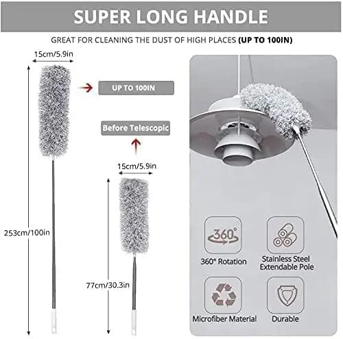 Microfiber Feather Duster Bendable & Extendable Fan Cleaning Duster with 100 inches Expandable Pole Handle Washable Duster for High Ceiling Fans,Window Blinds, Furniture