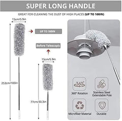 Microfiber Feather Duster Bendable & Extendable Fan Cleaning Duster with 100 inches Expandable Pole Handle Washable Duster for High Ceiling Fans,Window Blinds, Furniture