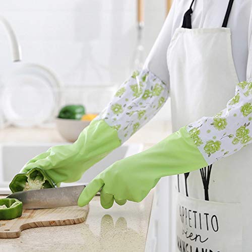Reusable Rubber Latex PVC Flock lined Long Sleeves elbow length Hand Gloves for Kitchen Dish-Washing, Cleaning, Gardening, Laundry and Sanitation and Lab Work (Pink & Green)