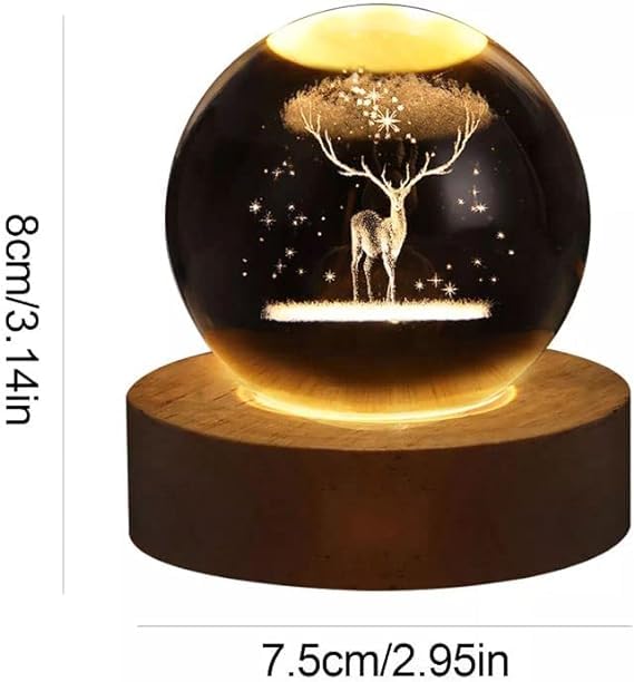 3D Engraved Deer Crystal Globe Lamp | USB LED Night Light with Wooden Base | Creative 6 cm Crystal Ball Table Lamp for Bedroom, Home, Office Décor & Gifting