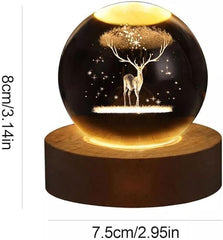 3D Engraved Deer Crystal Globe Lamp | USB LED Night Light with Wooden Base | Creative 6 cm Crystal Ball Table Lamp for Bedroom, Home, Office Décor & Gifting