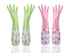 Reusable Rubber Latex PVC Flock lined Long Sleeves elbow length Hand Gloves for Kitchen Dish-Washing, Cleaning, Gardening, Laundry and Sanitation and Lab Work (Pink & Green)