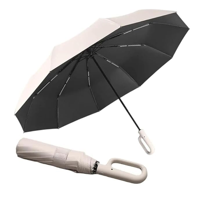 Umbrella for Men Women || Folding Umbrella With Carabiner Handle || 10 Reinforced Ribles || Windproof and Sunproof || Auto Umbrella Big Size for Men/Women/Kids (White)