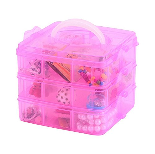 Plastic 3 Tier Stackable Adjustable 18 Compartment Slot Snap-Lock Bead Craft Jewellery Tool Organiser (Light Pink)
