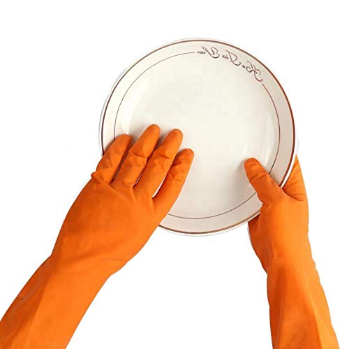 Reusable Rubber Latex PVC Flock lined Long Sleeves elbow length Hand Gloves for Kitchen Dish-Washing, Cleaning, Gardening, Laundry and Sanitation and Lab Work (orange)