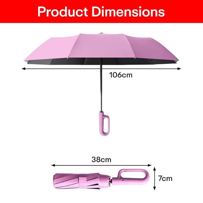 Umbrella for Men Women || Folding Umbrella With Carabiner Handle || 10 Reinforced Ribles || Windproof and Sunproof || Auto Umbrella Big Size for Men/Women/Kids (Pink)