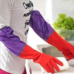 Reusable Rubber Latex PVC Flock lined Long Sleeves elbow length Hand Gloves for Kitchen Dish-Washing, Cleaning, Gardening, Laundry and Sanitation and Lab Work (Blue & red long elbow)