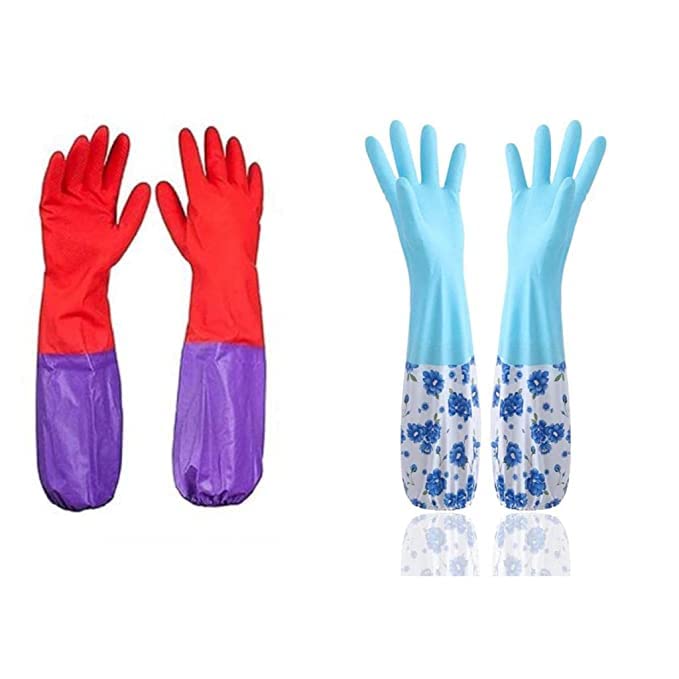 Reusable Rubber Latex PVC Flock lined Long Sleeves elbow length Hand Gloves for Kitchen Dish-Washing, Cleaning, Gardening, Laundry and Sanitation and Lab Work (Blue & red long elbow)