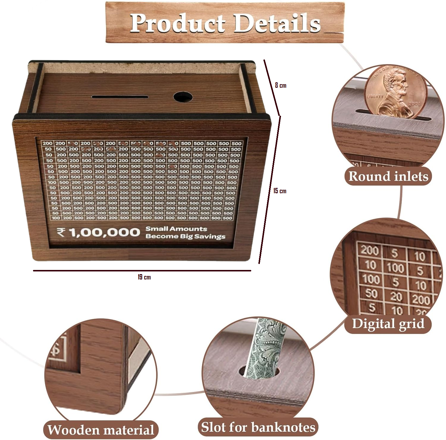 Money Bank Wooden Piggy Bank for Kids & Adults, Coin Box with Carved Design, Savings Box, Mini Bank, Wooden Coin Box, Money Saver, Piggy Bank with Numbers