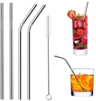 Reusable BPA-Free Metal, Thick, Long, Dishwasher Safe Stainless Steel Drinking Straws, 8.5 Inches (2 Bend and 2 Straight and 1 Cleaning Brushes) (1 Set)